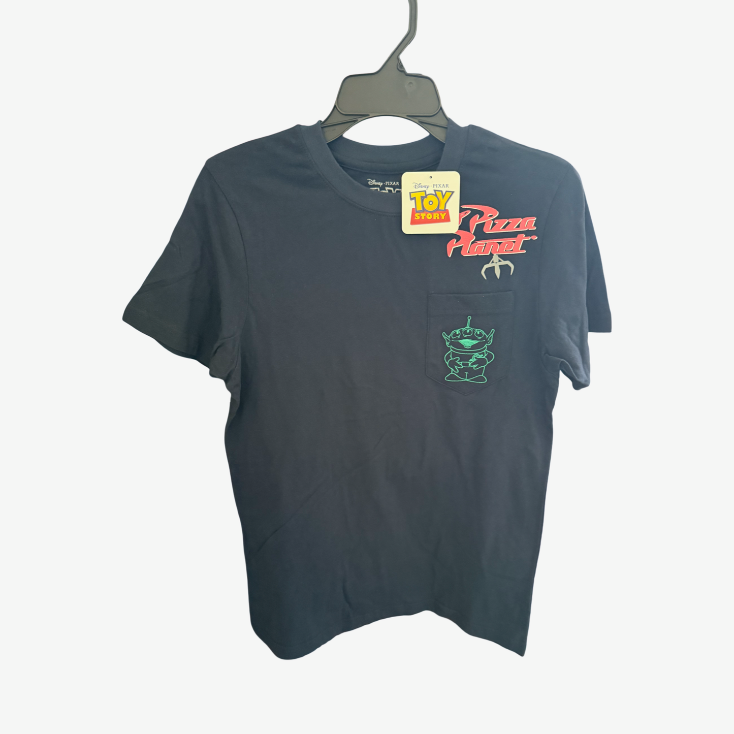 Disney Pixar Toy Story Pizza Planet Alien Pocket Tee (Size is Adult Small)