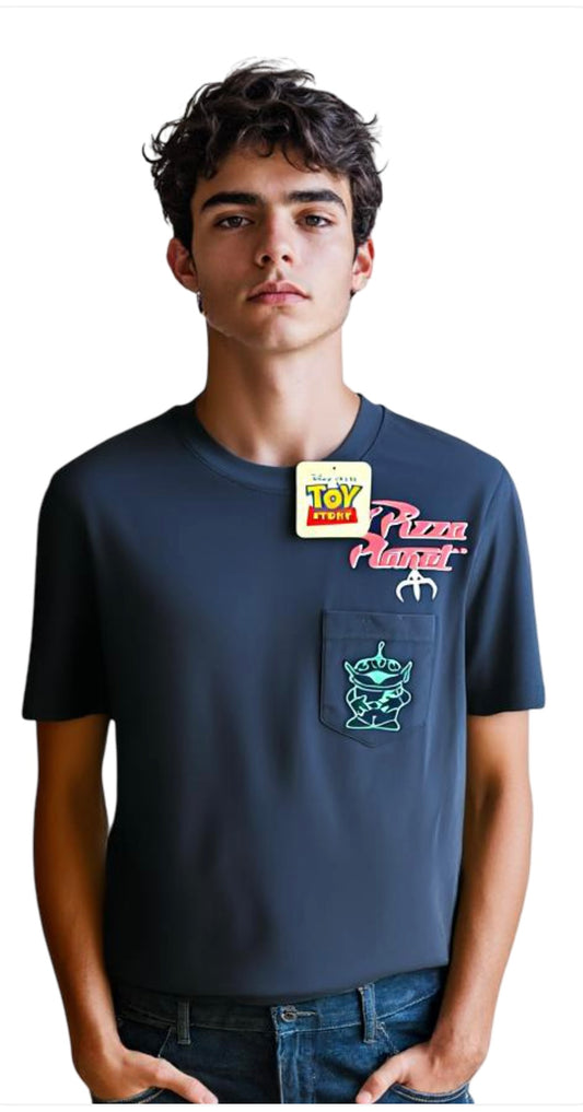Disney Pixar Toy Story Pizza Planet Alien Pocket Tee (Size is Adult Small)